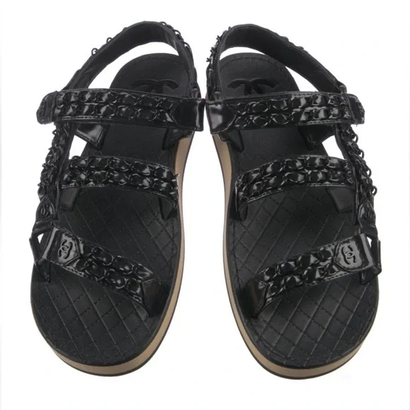 CHANEL Lambskin Chain Black on Black Quilted Dad Velcro Sandals - Picture 2 of 13